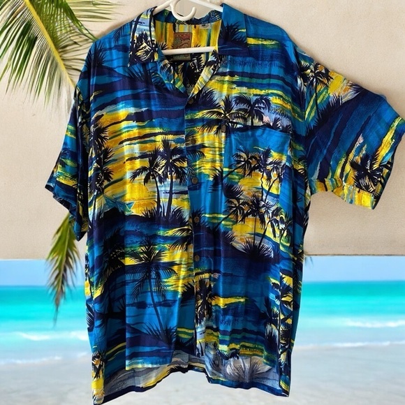 Ocean Current Vintage Hawaiian Men’s XL Blue Shirt Vacation Palm Trees Sunset - Picture 1 of 7